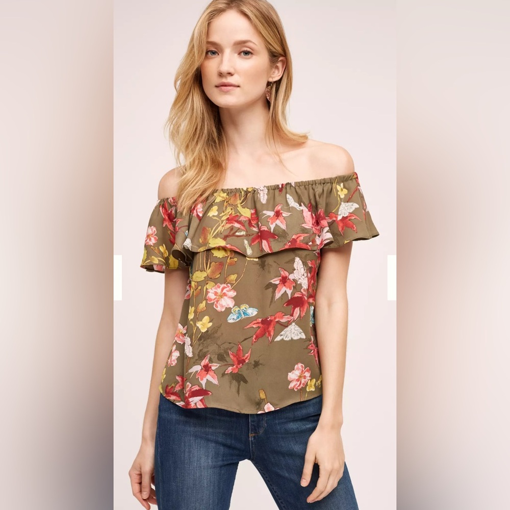 ANTHROPOLOGIE MAEVE WOMENS VALLITA GREEN FLORAL OFF THE SHOULDER BLOUSE XS
